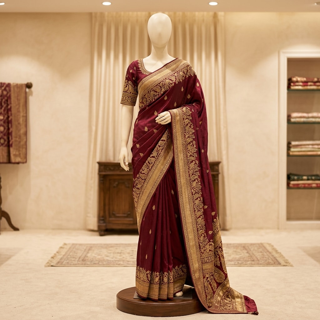 Full mannequin wearing a complete ABHI-MOH handwoven saree
