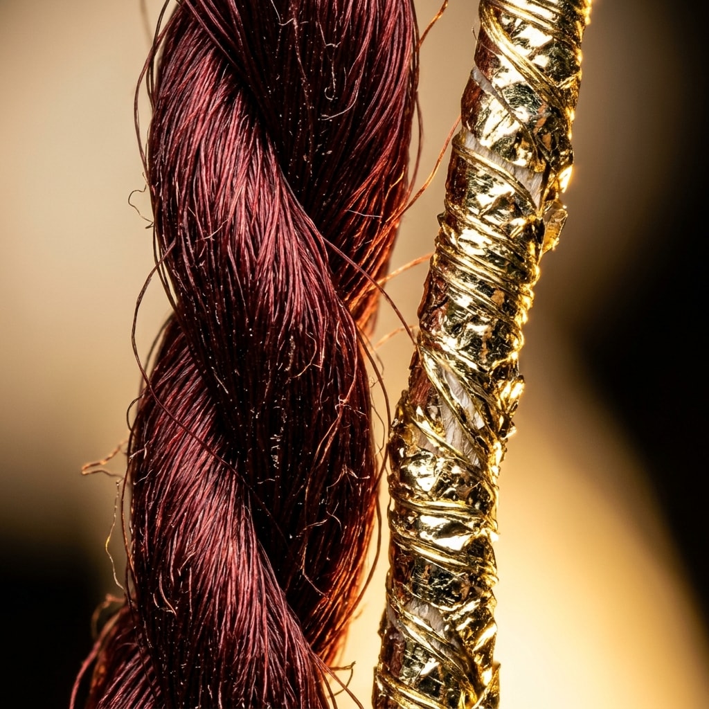 Single silk and zari thread at microscopic scale