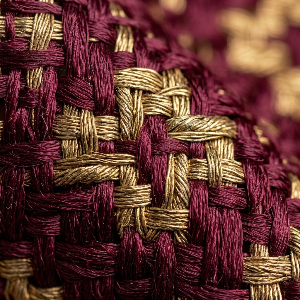 Extreme macro of antique gold zari and silk weave interlocked